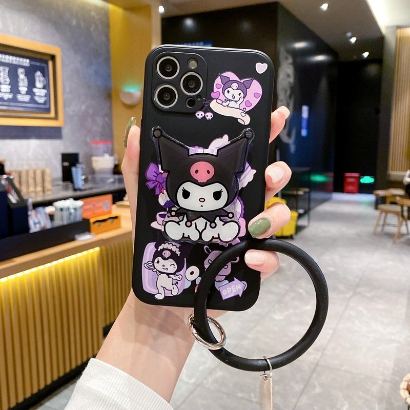 Popular with girls cute Kuromi phone holder silicone Mobile phone case For iphone 12 13 14 15 plus/pro/pro max