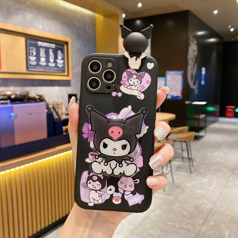 Popular with girls cute Kuromi phone holder silicone Mobile phone case For iphone 12 13 14 15 plus/pro/pro max
