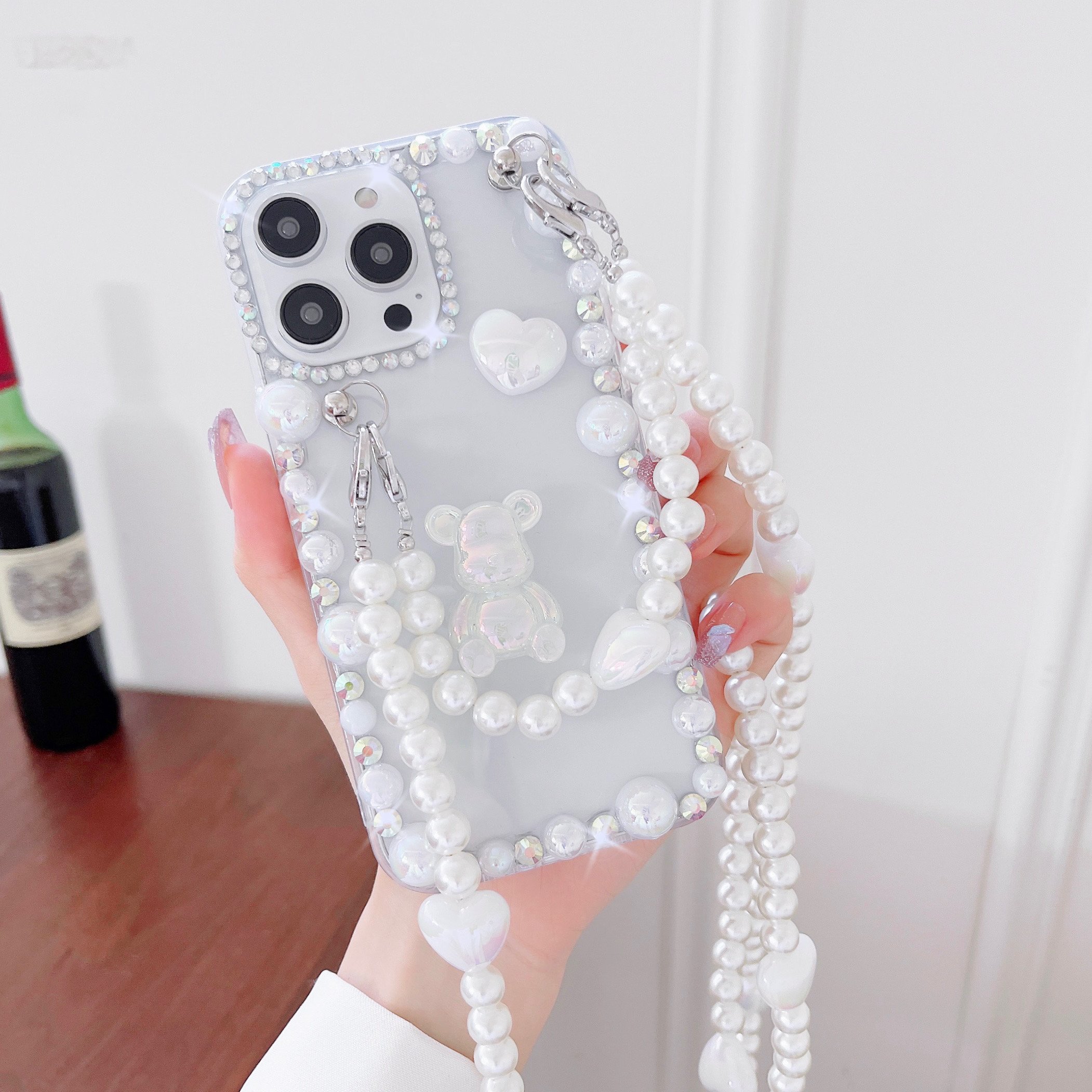 glitter bling shiny fashion luxury shoulder waist strap bear diamond phone cover case for iphone 16 15 14 13 12 11 xr xsmax 678