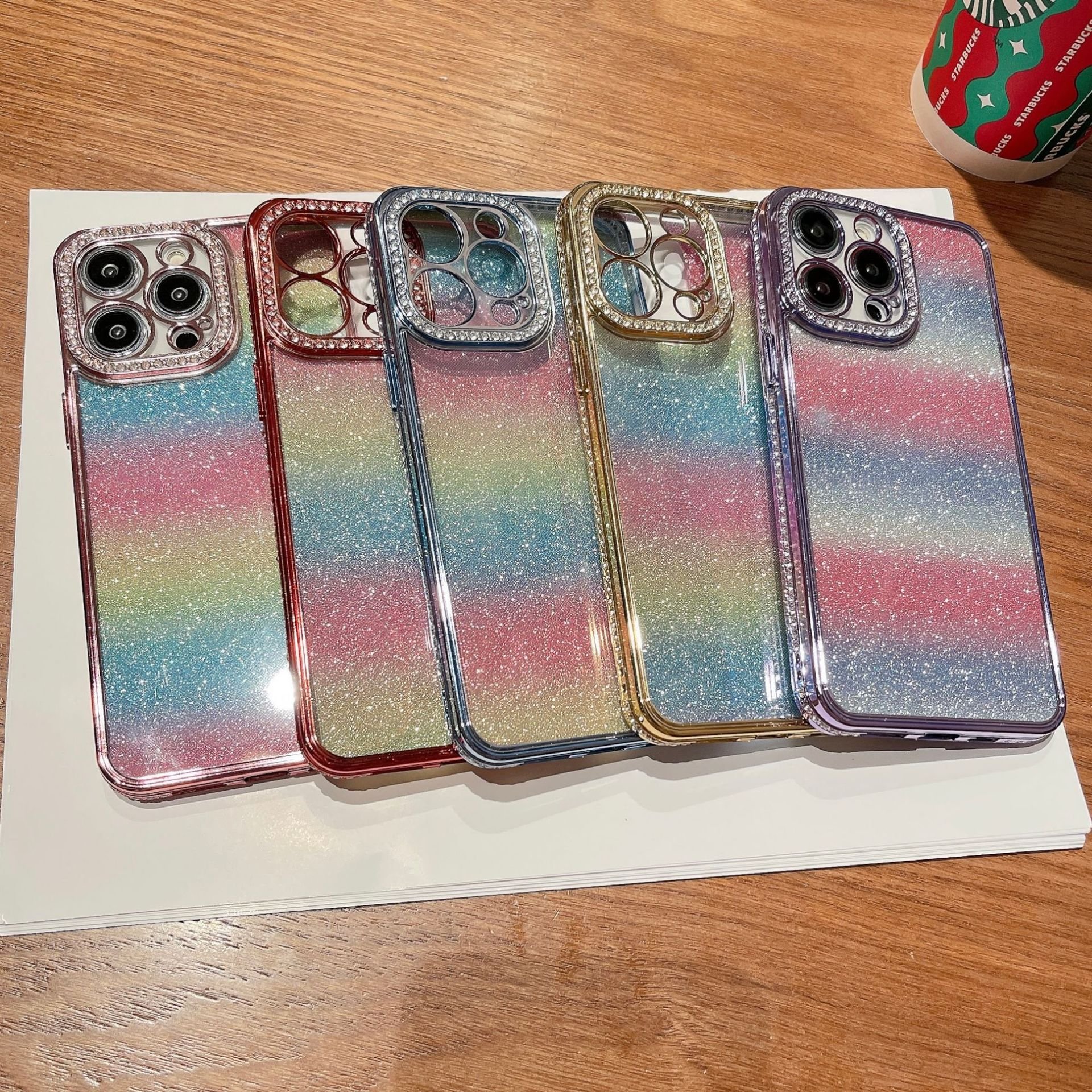New fashion gradient rainbow phone case electroplated rhinestone lens For iphone 15promax 11/12 fine hole soft case 14pro