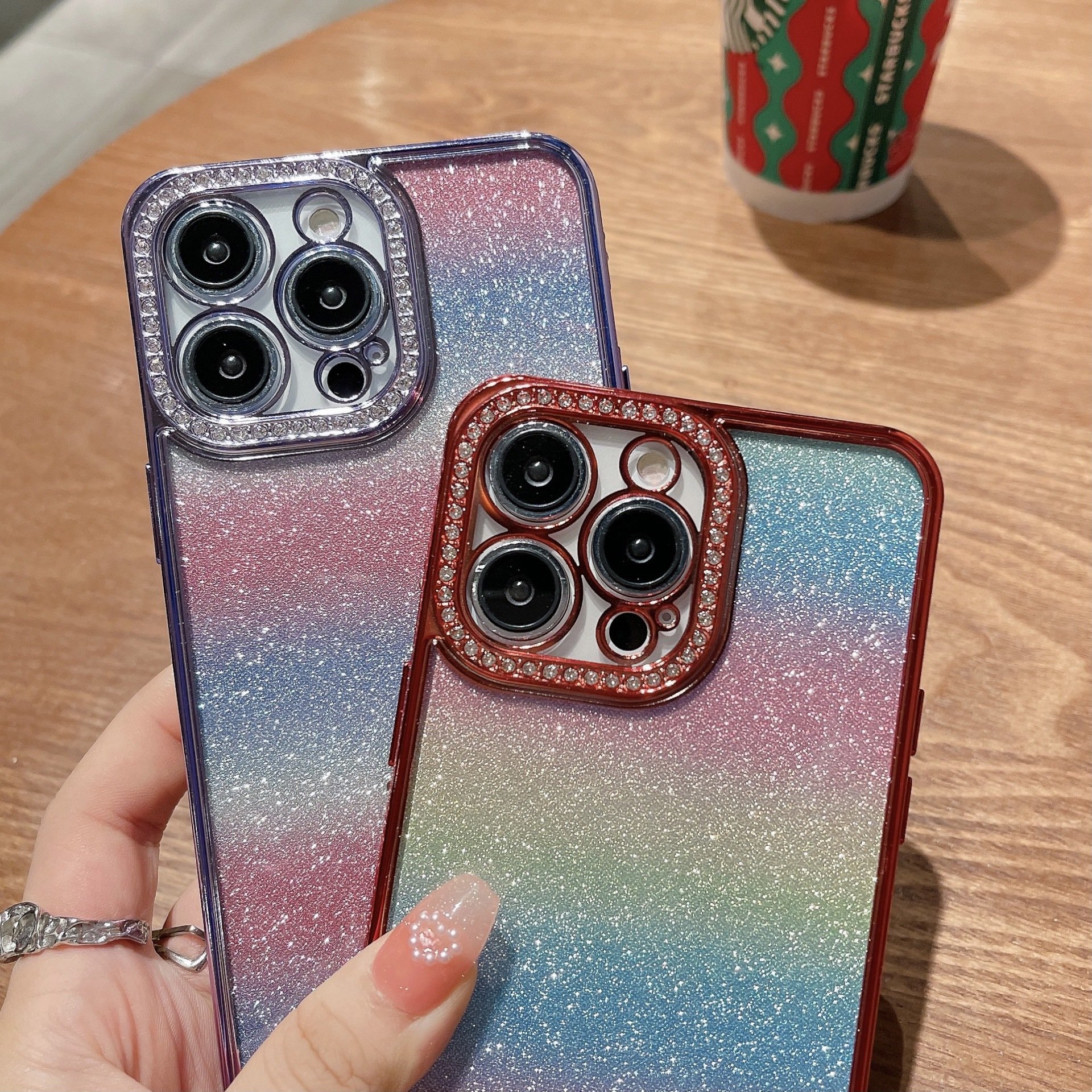 New fashion gradient rainbow phone case electroplated rhinestone lens For iphone 15promax 11/12 fine hole soft case 14pro