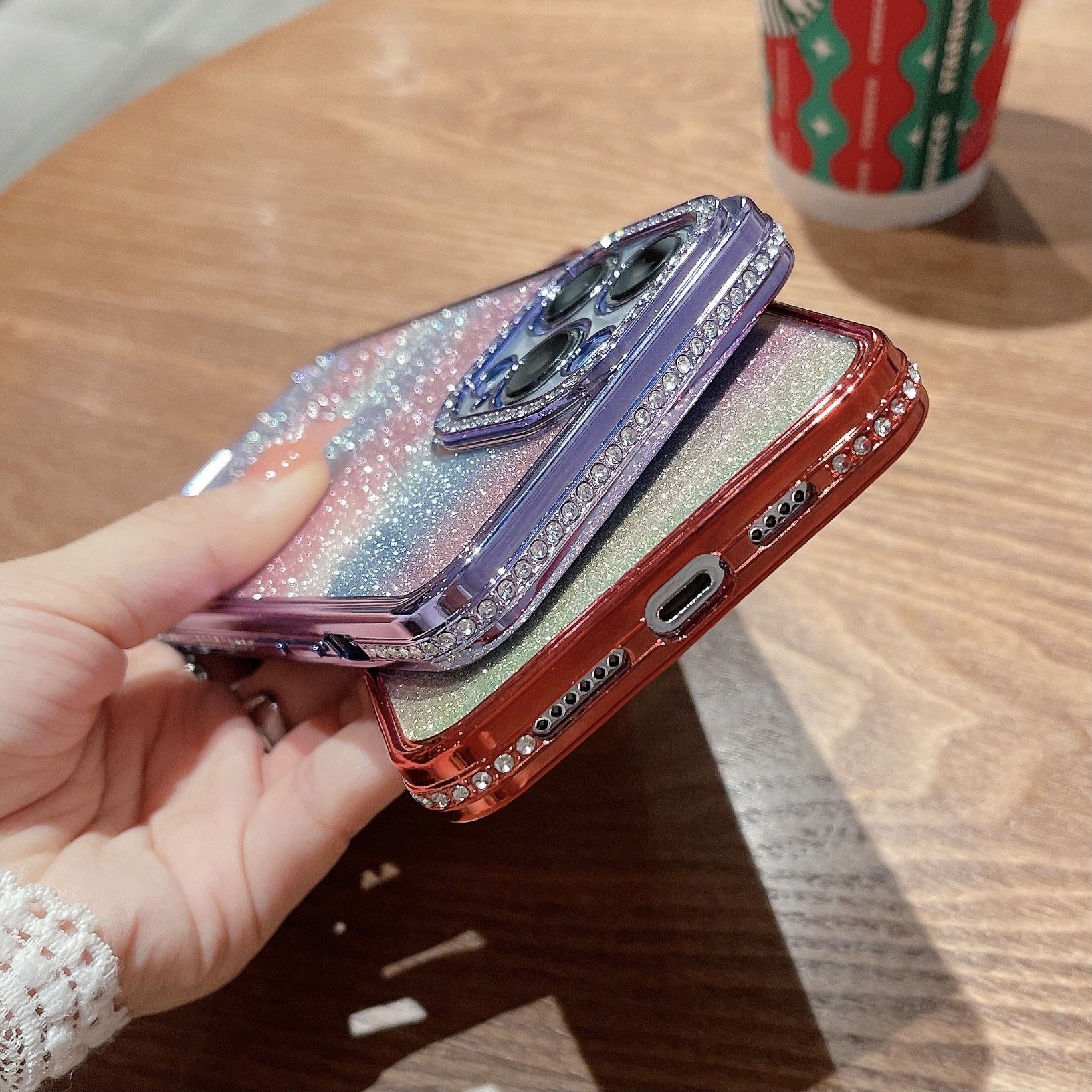 New fashion gradient rainbow phone case electroplated rhinestone lens For iphone 15promax 11/12 fine hole soft case 14pro