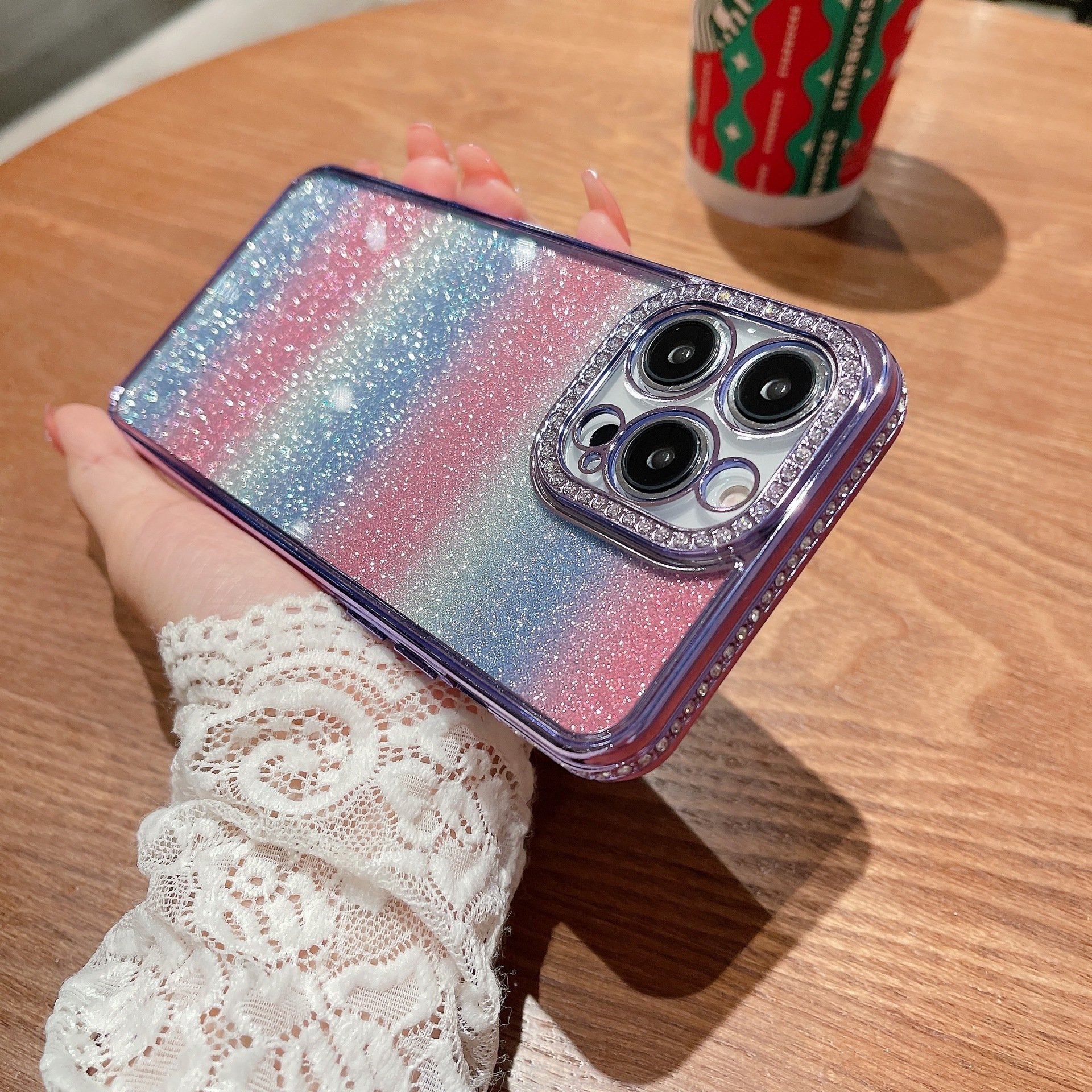 New fashion gradient rainbow phone case electroplated rhinestone lens For iphone 15promax 11/12 fine hole soft case 14pro