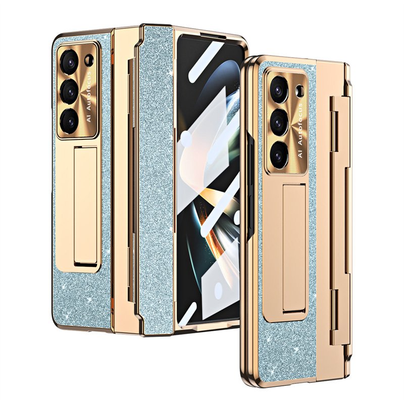Glitter Metal CD Grain Leveling Hinge Folding Shell Lens Protection Leather Mobile Phone Case For Samsung Galaxy Z Fold 3 4 5