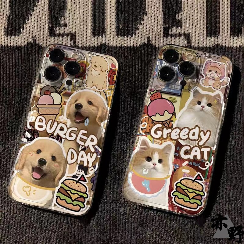 Cartoon Funny Hamburger Dog Cute Cat Mobile Phone Case for iPhone 16 Pro max 15 Pro Max 12 Plus Transparent TPU Airbag Cover XS