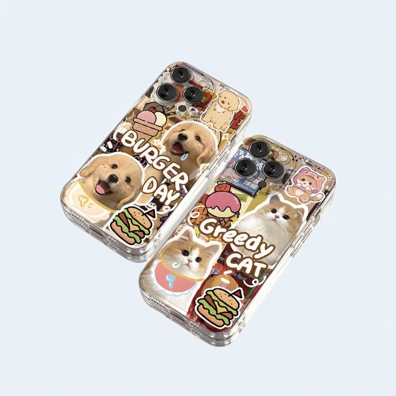 Cartoon Funny Hamburger Dog Cute Cat Mobile Phone Case for iPhone 16 Pro max 15 Pro Max 12 Plus Transparent TPU Airbag Cover XS