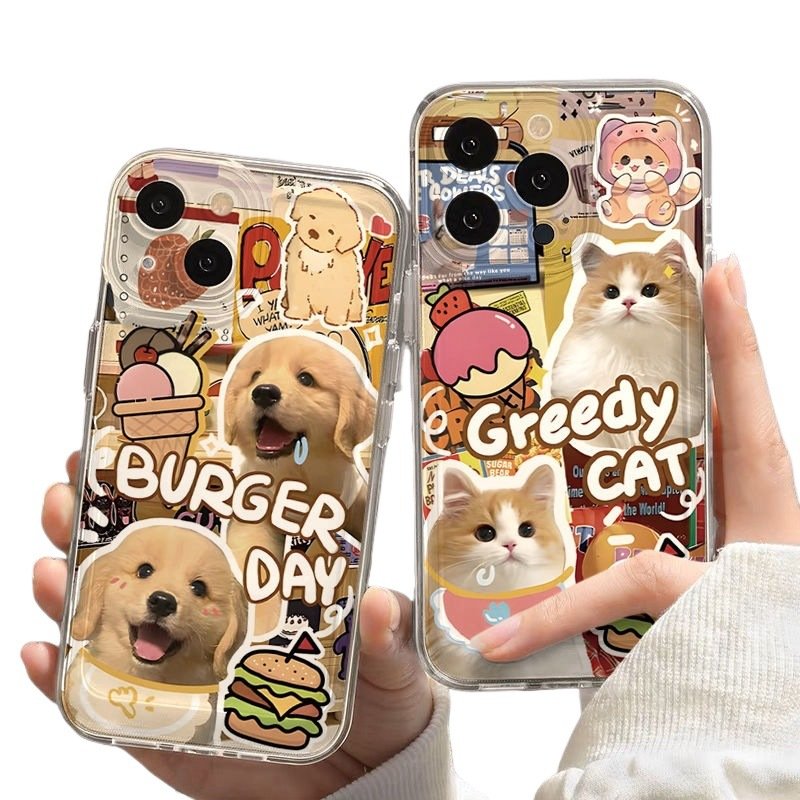Cartoon Funny Hamburger Dog Cute Cat Mobile Phone Case for iPhone 16 Pro max 15 Pro Max 12 Plus Transparent TPU Airbag Cover XS