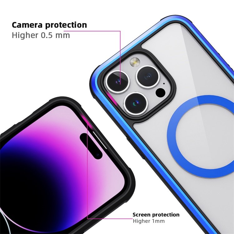 High quality Blue Aluminum Armor Transparent Magnetic Mobile Phone case for iPhone 13 14 Pro Max 14 Plus Phone Protective Cover
