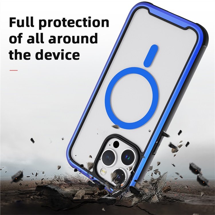 High quality Blue Aluminum Armor Transparent Magnetic Mobile Phone case for iPhone 13 14 Pro Max 14 Plus Phone Protective Cover
