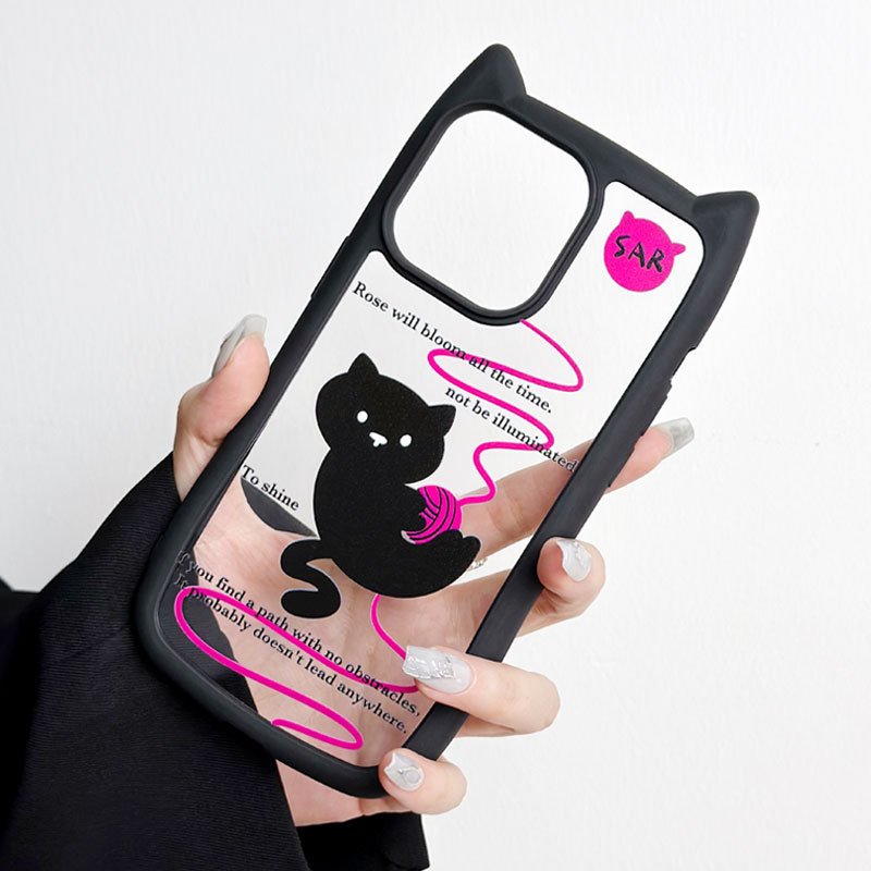 Cat-ear shaped mobile phone case with happy cat pattern for iphone 15promax/14/12 transparent phone case For iPhone 16 Promax
