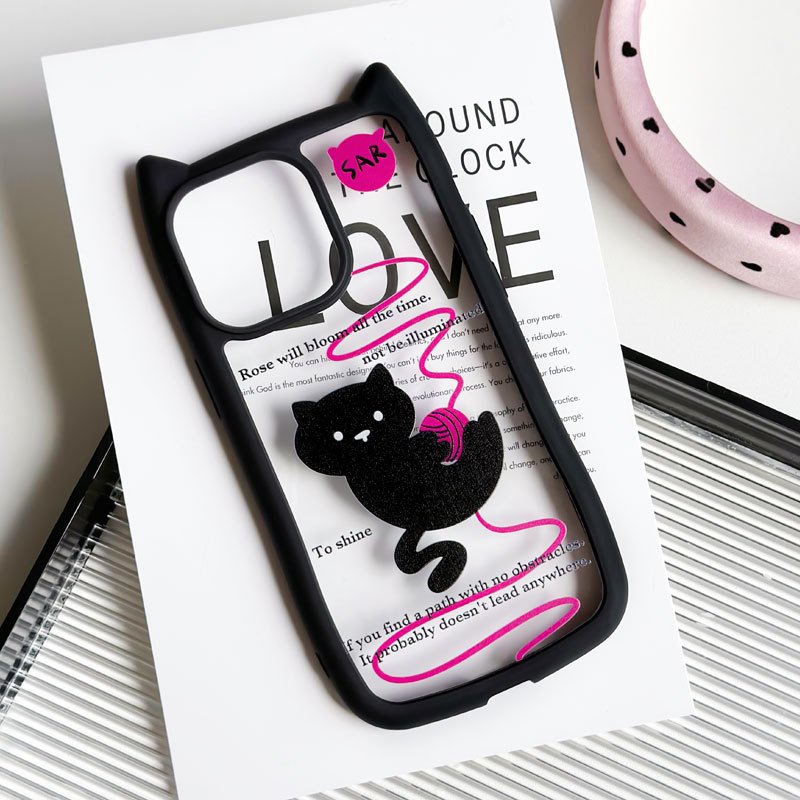 Cat-ear shaped mobile phone case with happy cat pattern for iphone 15promax/14/12 transparent phone case For iPhone 16 Promax