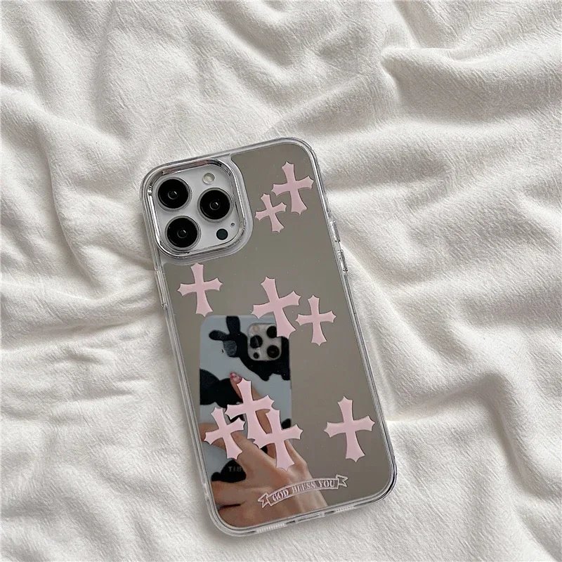Luxury Makeup Mirror Jesus Christ Cross Phone Case For IPhone 15 13 12 11 14 Pro Max X XR XS XSMax For Lovers Hard Back Cover
