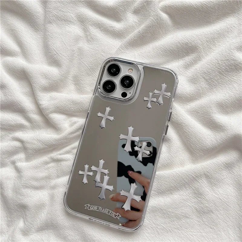 Luxury Makeup Mirror Jesus Christ Cross Phone Case For IPhone 15 13 12 11 14 Pro Max X XR XS XSMax For Lovers Hard Back Cover