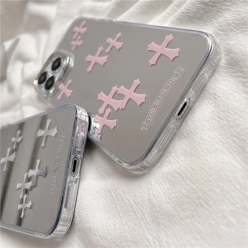 Luxury Makeup Mirror Jesus Christ Cross Phone Case For IPhone 15 13 12 11 14 Pro Max X XR XS XSMax For Lovers Hard Back Cover