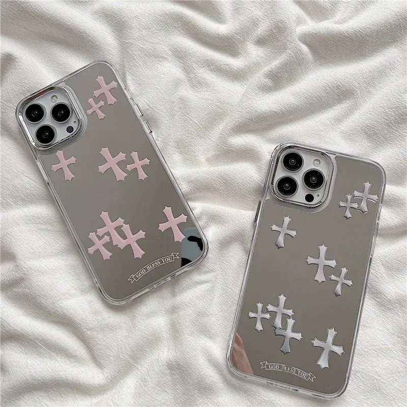 Luxury Makeup Mirror Jesus Christ Cross Phone Case For IPhone 15 13 12 11 14 Pro Max X XR XS XSMax For Lovers Hard Back Cover