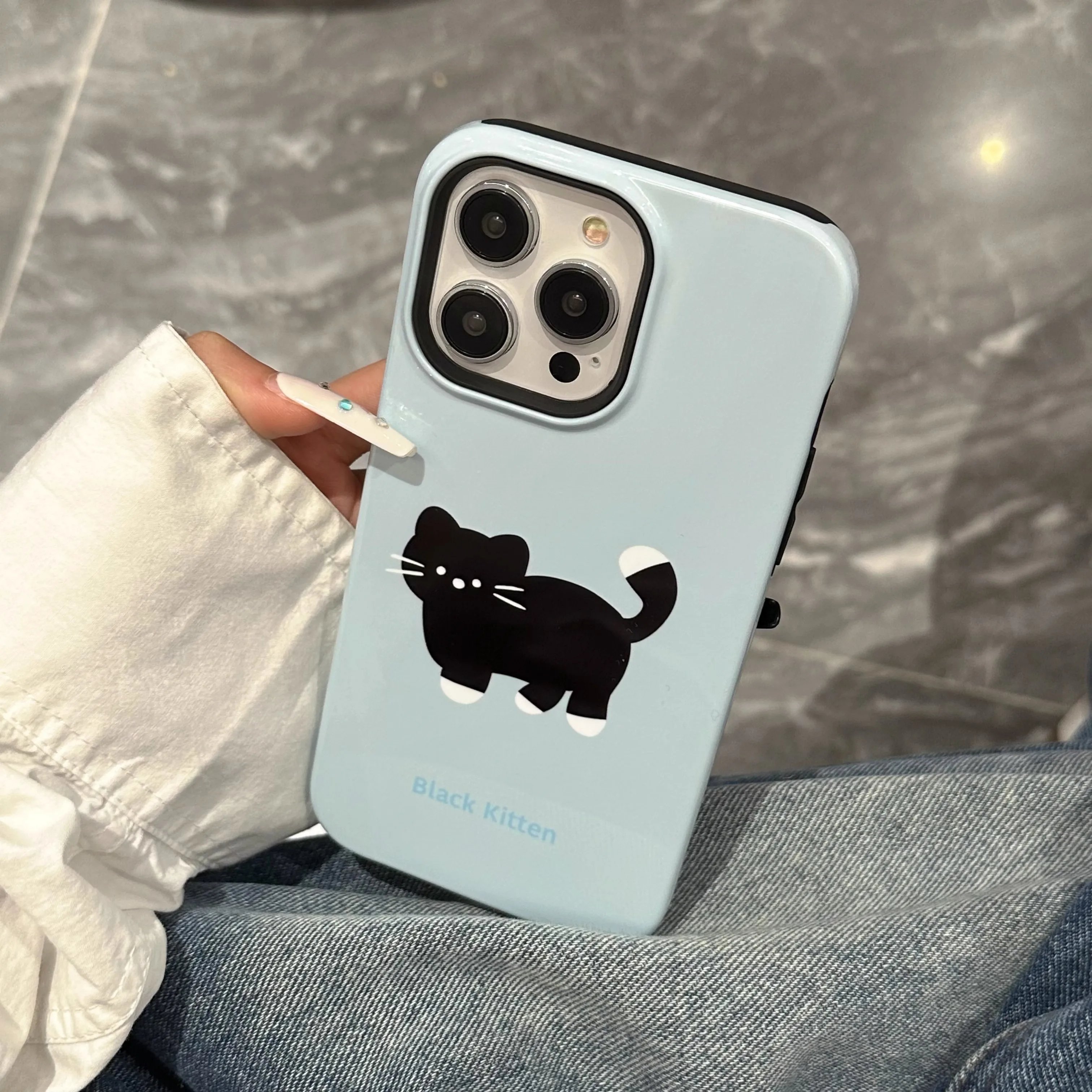 Black and white cat cute cartoon Phone Case For IPHONE 15PRO MAX 14 13 12 11 PRO Plus Acrylic TPU Two in one Mobile Phone Cases