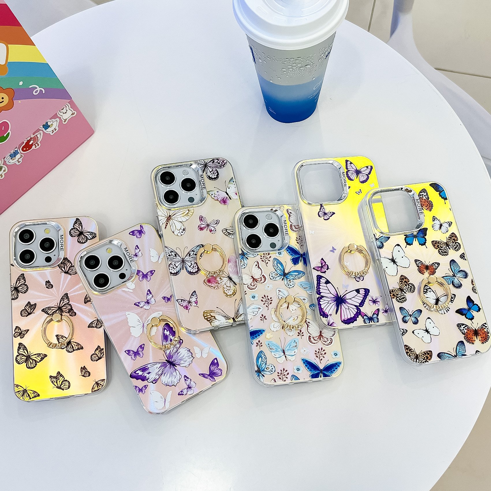 Imd Butterfly Gradient Soft Cover With Ring Holder Phone Case For iPhone 16 15 14 13 Pro Max 16pro 15pro 14pro 13pro