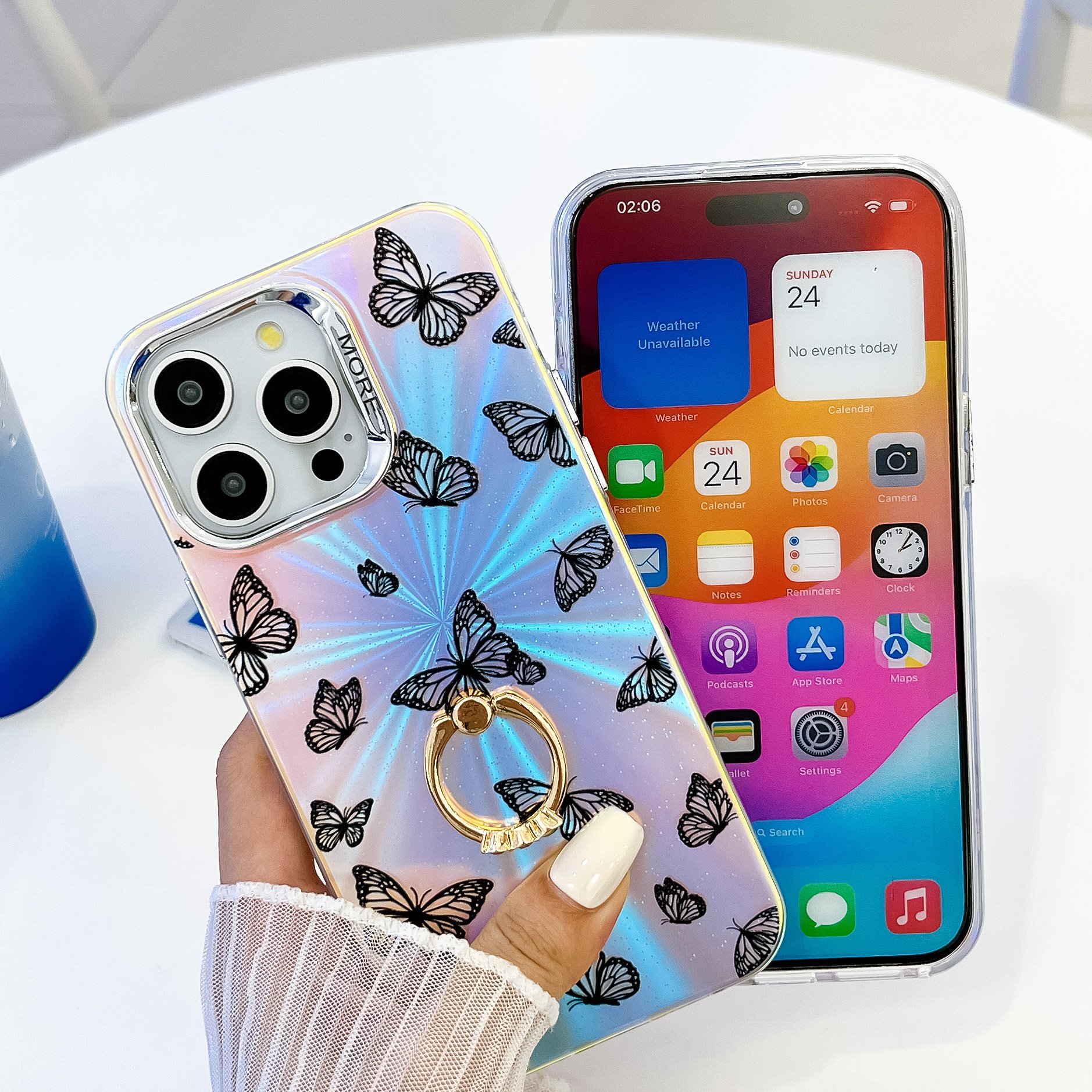 Imd Butterfly Gradient Soft Cover With Ring Holder Phone Case For iPhone 16 15 14 13 Pro Max 16pro 15pro 14pro 13pro
