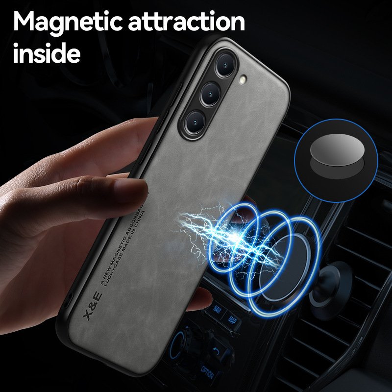 Business PU Leather Phone Cover Car Magnetic Soft Silky Feel Silicon Leather Phone Cover for Galaxy S23 plus ultra