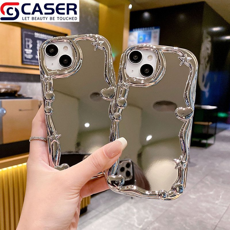 Luxury Silver Electroplated Makeup Mirror Phone Case Wavy Edge Love Mobile Phone Case For Girls For Iphone 16 15 Pro Max 14 Plus
