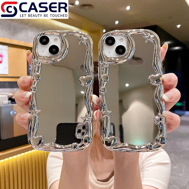 Luxury Silver Electroplated Makeup Mirror Phone Case Wavy Edge Love Mobile Phone Case For Girls For Iphone 16 15 Pro Max 14 Plus