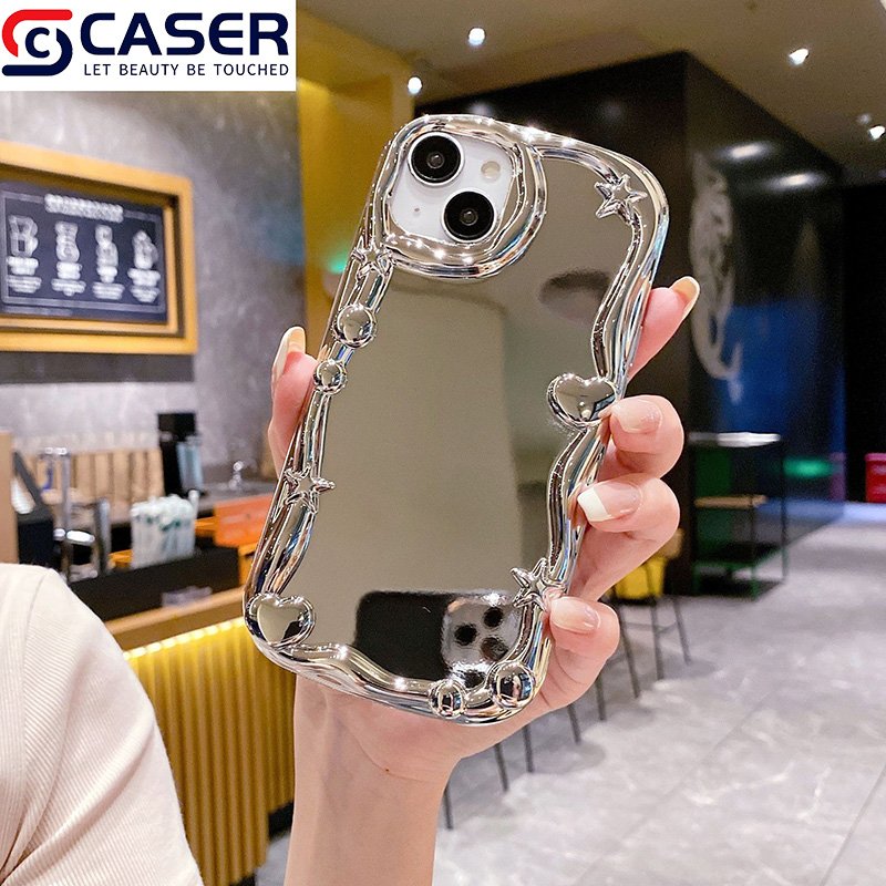 Luxury Silver Electroplated Makeup Mirror Phone Case Wavy Edge Love Mobile Phone Case For Girls For Iphone 16 15 Pro Max 14 Plus