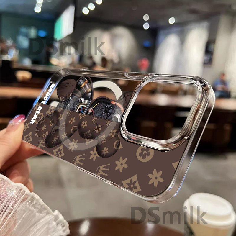 for iPhone 16 Robot Bear Magnetic Phone Case for iPhone 15 14 13 Pro 12 Pro Max Hard Transparent PC Cases Cover with Wireless