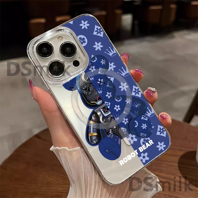 for iPhone 16 Robot Bear Magnetic Phone Case for iPhone 15 14 13 Pro 12 Pro Max Hard Transparent PC Cases Cover with Wireless