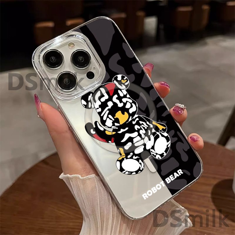 for iPhone 16 Robot Bear Magnetic Phone Case for iPhone 15 14 13 Pro 12 Pro Max Hard Transparent PC Cases Cover with Wireless