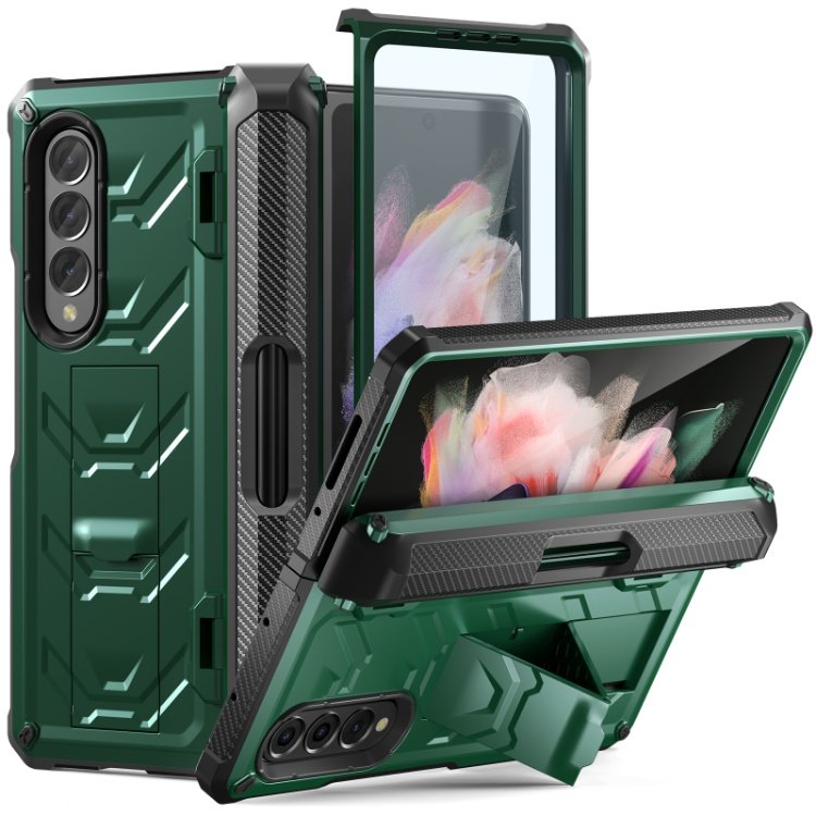 Luxury Shockproof Mobile Phone Case for Samsung Galaxy Z Fold 3 5G Stand Case with S Pen Holder and Hinge Protection