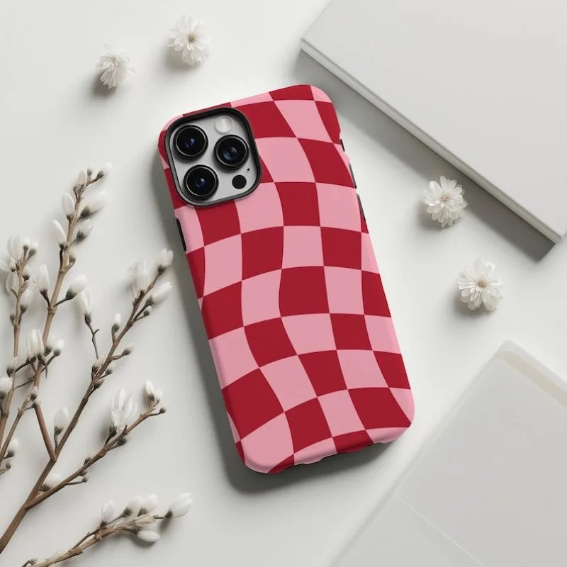 Retro Red Wavy Checkered Phone Case For IPHONE 15PRO MAX 14 13 12 11 PRO Plus 15pro Acrylic TPU Two in one Mobile Phone Cases