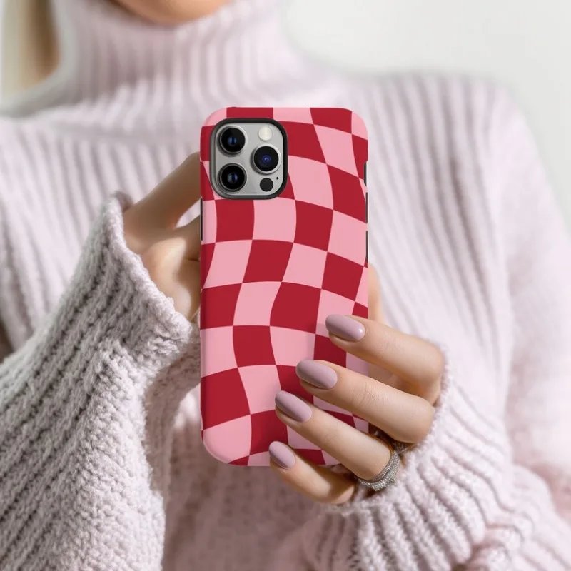 Retro Red Wavy Checkered Phone Case For IPHONE 15PRO MAX 14 13 12 11 PRO Plus 15pro Acrylic TPU Two in one Mobile Phone Cases