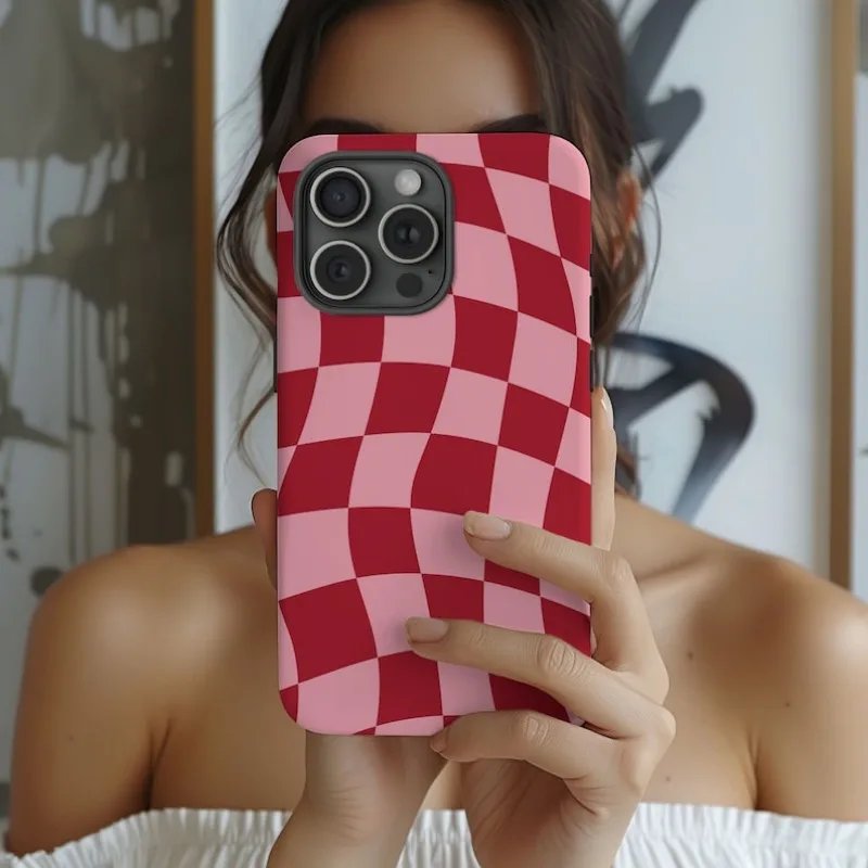 Retro Red Wavy Checkered Phone Case For IPHONE 15PRO MAX 14 13 12 11 PRO Plus 15pro Acrylic TPU Two in one Mobile Phone Cases