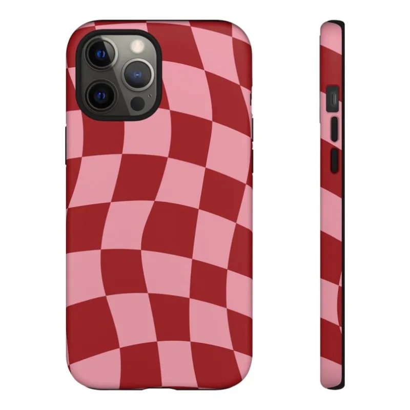 Retro Red Wavy Checkered Phone Case For IPHONE 15PRO MAX 14 13 12 11 PRO Plus 15pro Acrylic TPU Two in one Mobile Phone Cases