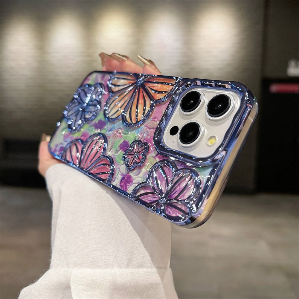 Rainbow Flower Silicone Mobile Phone Case For iPhone 15 14 13 12 11 Pro max Oil painting Electroplated TPU Shockproof Back Cover