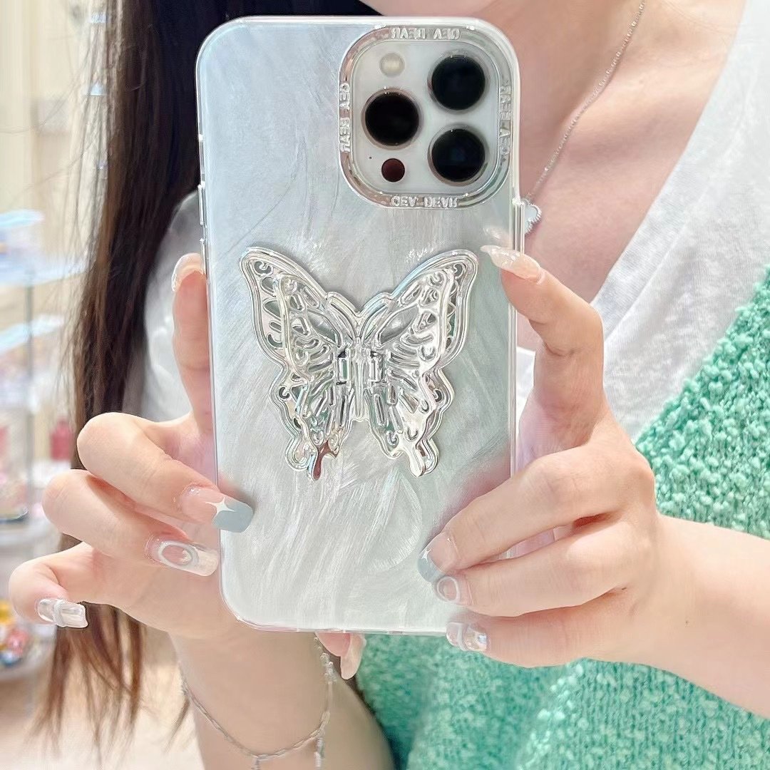 Feather Silver Plated Frame Mobile Phone Case Silver Butterfly Bracket Hard Protective Cover for Iphone15 14 13 12 11 PRO Max