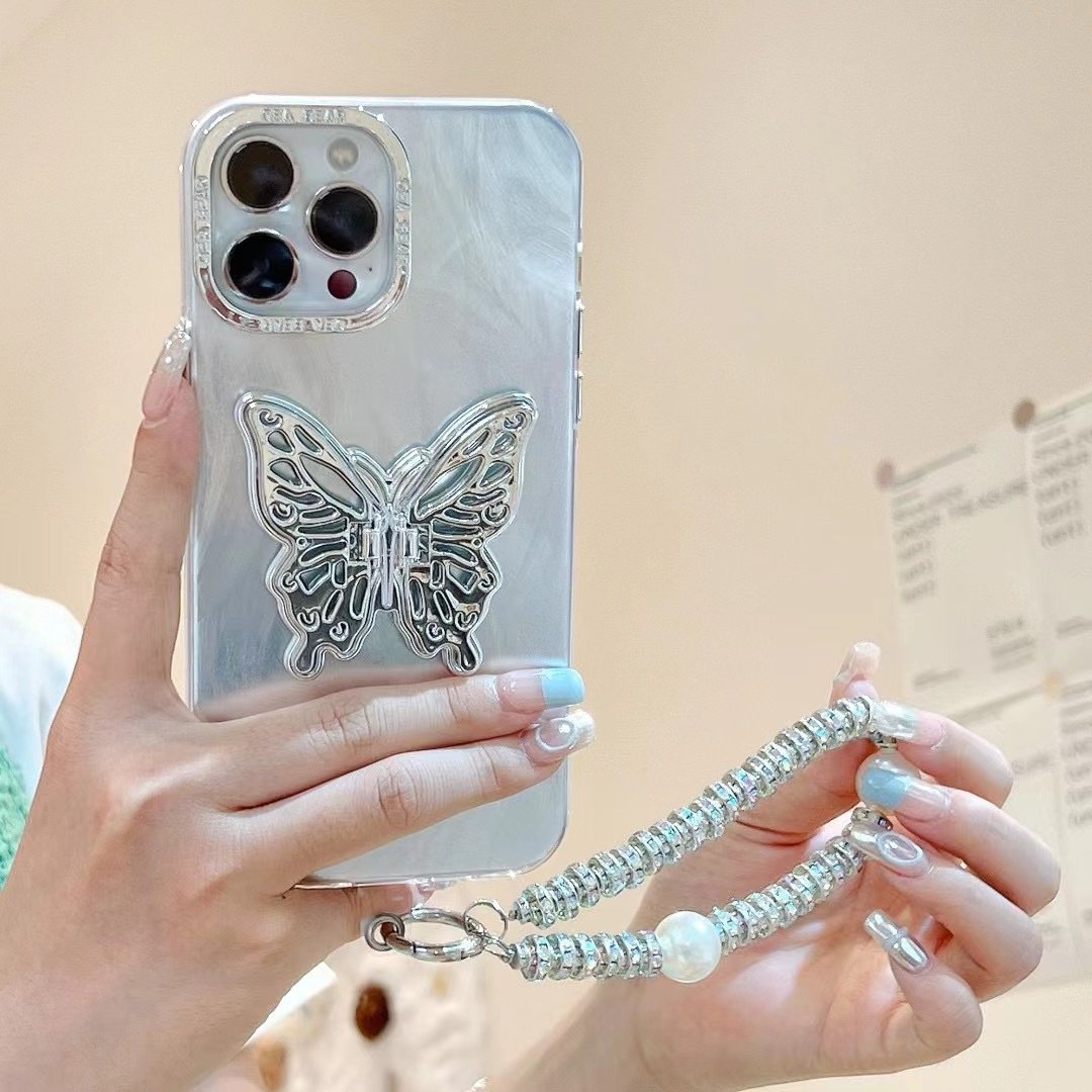 Feather Silver Plated Frame Mobile Phone Case Silver Butterfly Bracket Hard Protective Cover for Iphone15 14 13 12 11 PRO Max