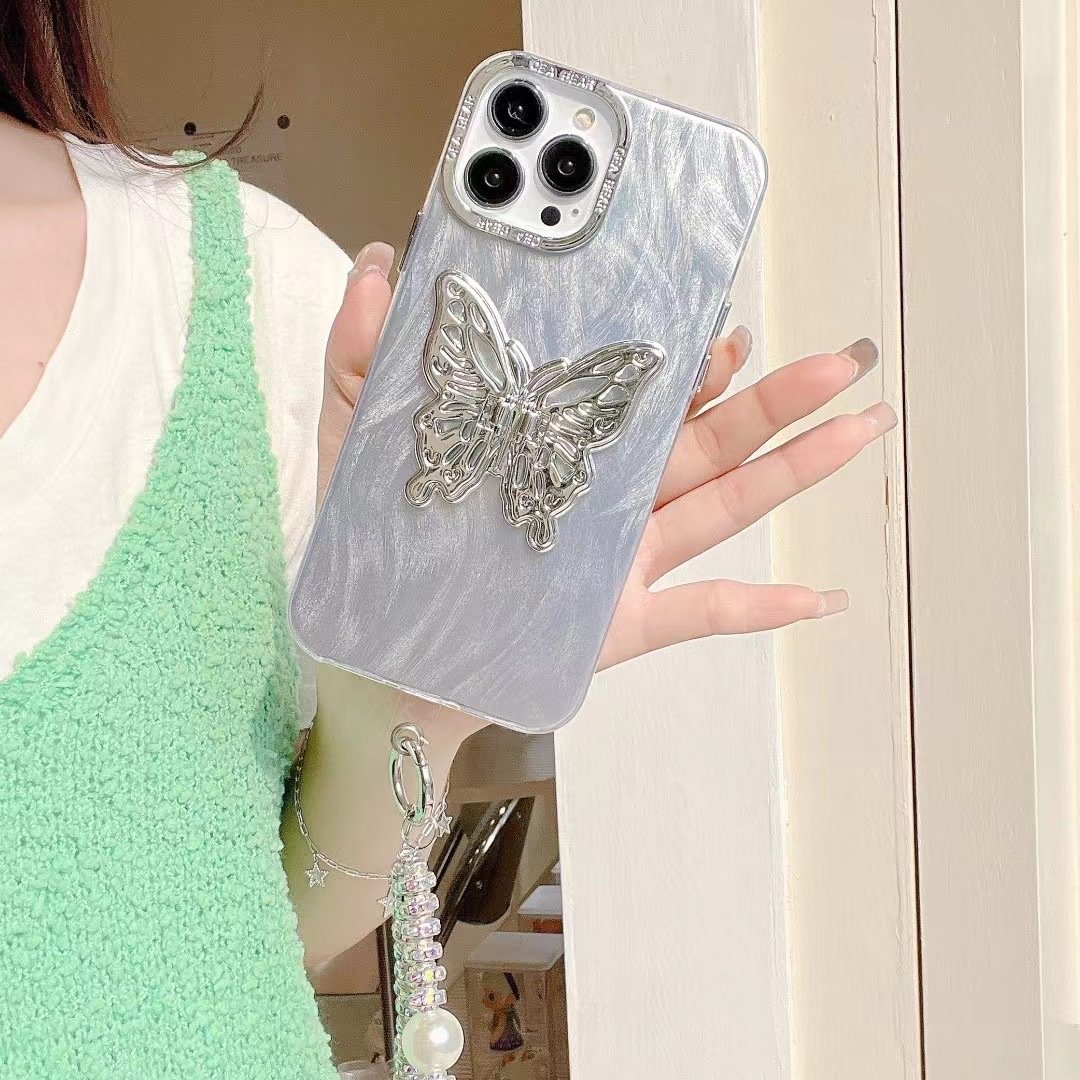Feather Silver Plated Frame Mobile Phone Case Silver Butterfly Bracket Hard Protective Cover for Iphone15 14 13 12 11 PRO Max