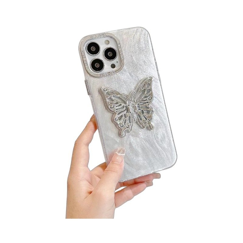 Feather Silver Plated Frame Mobile Phone Case Silver Butterfly Bracket Hard Protective Cover for Iphone15 14 13 12 11 PRO Max