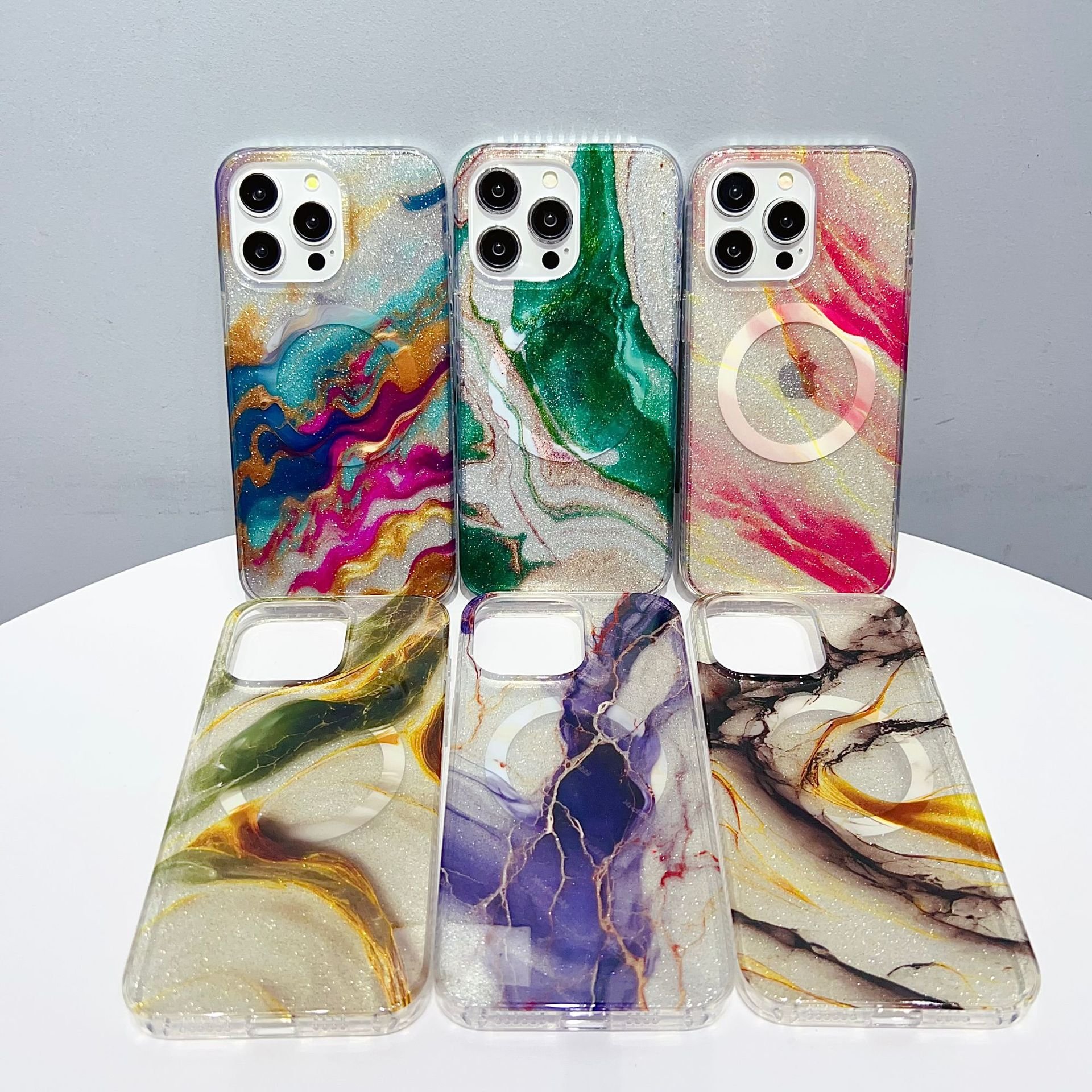 Marble smudged color water flash powder magnet phone case For iPhone 15 14 13 12 11 Pro Max Soft Shockproof Back Cover