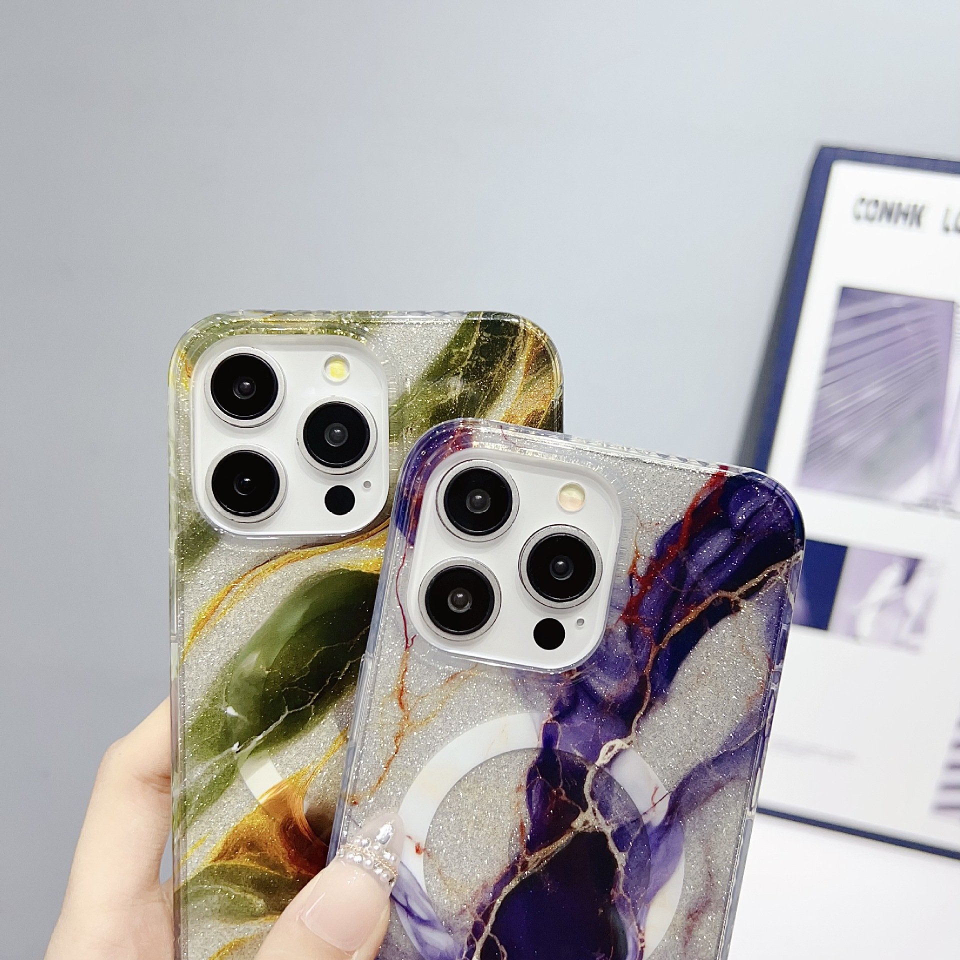 Marble smudged color water flash powder magnet phone case For iPhone 15 14 13 12 11 Pro Max Soft Shockproof Back Cover