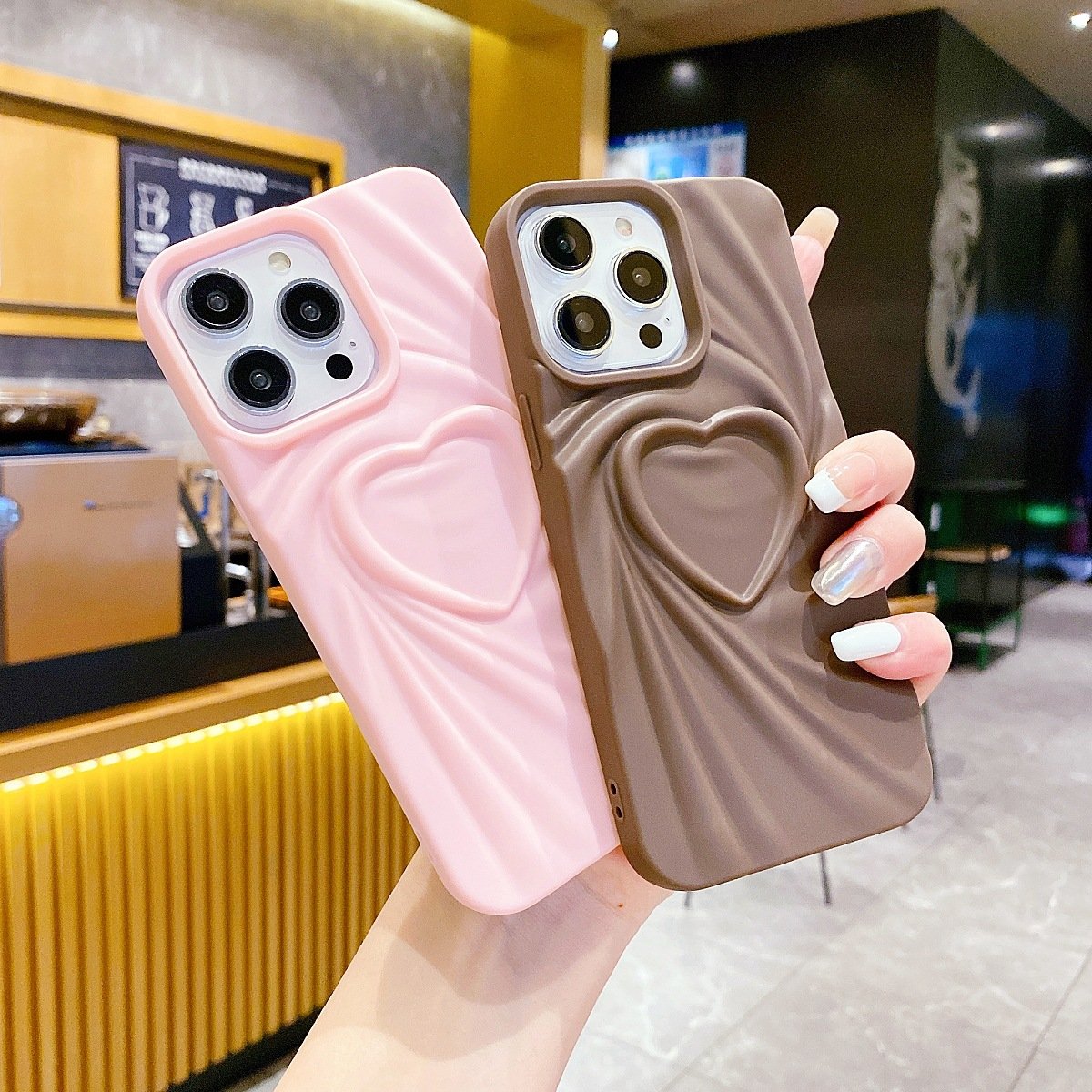 3D three-dimensional pleated silk pattern heart mobile phone case for iPhone 14 13 12 11Pro Max solid color shockproof soft case