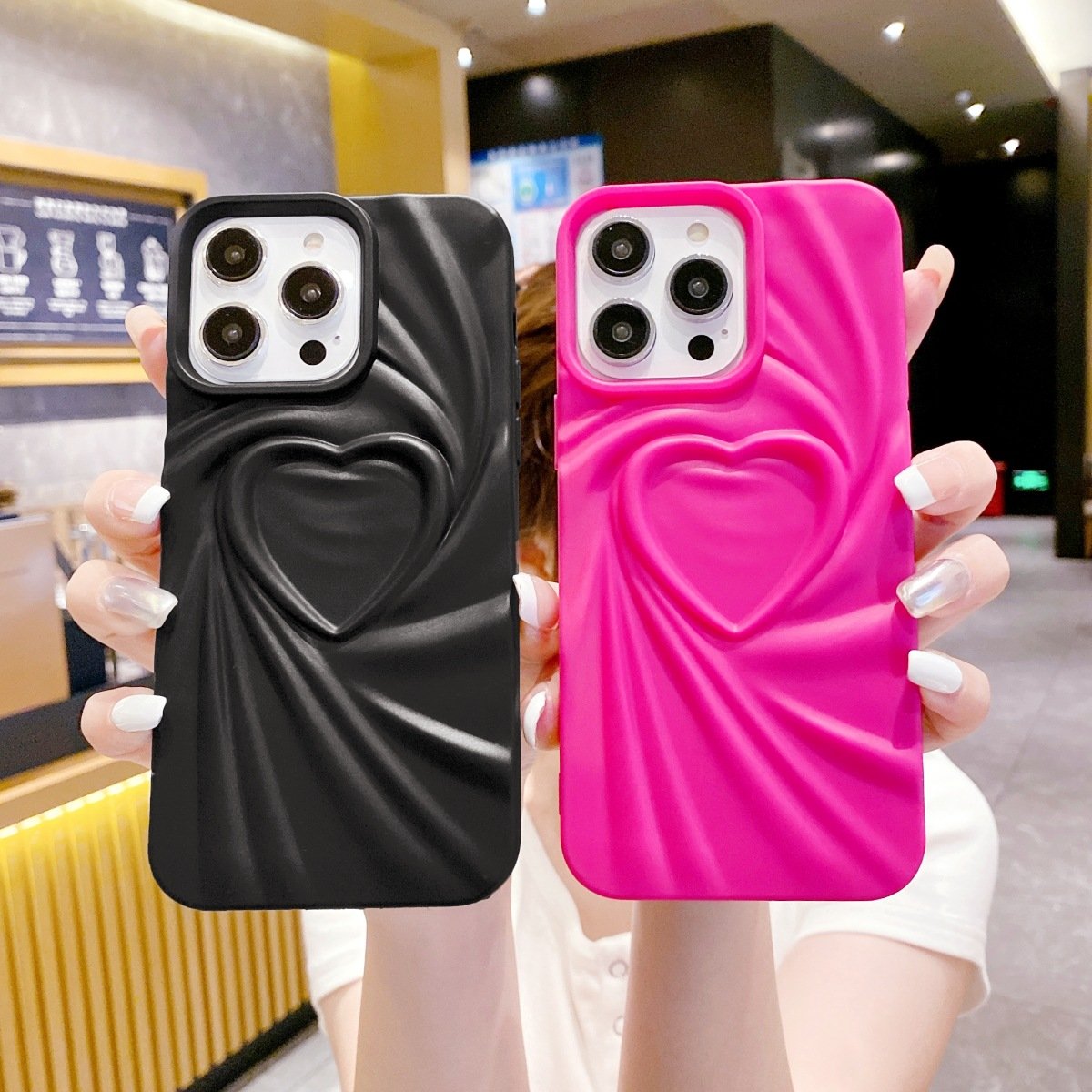 3D three-dimensional pleated silk pattern heart mobile phone case for iPhone 14 13 12 11Pro Max solid color shockproof soft case