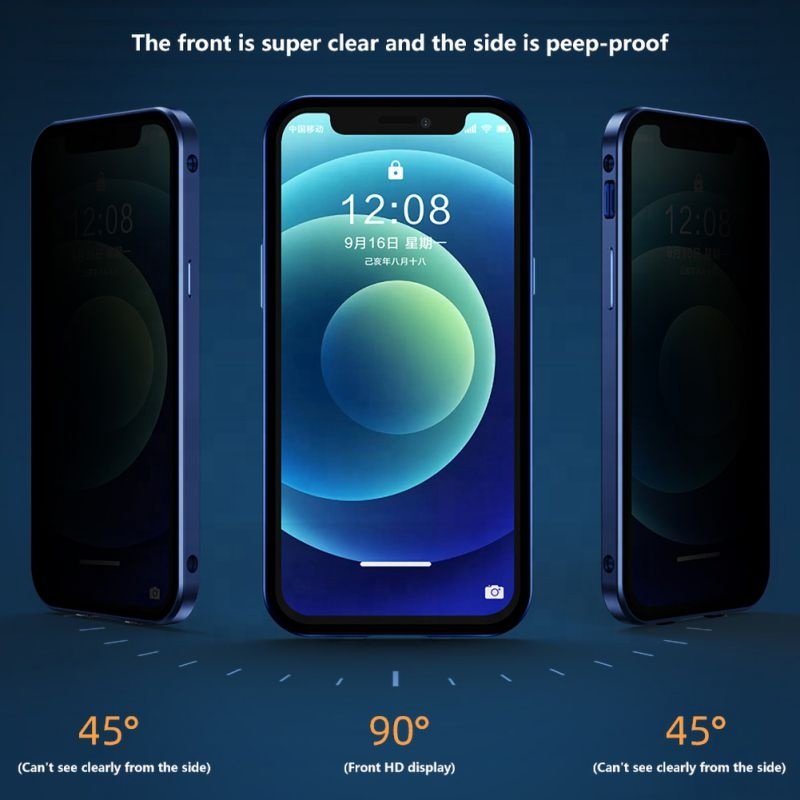 Anti Peep Metal Magnetic Privacy Double sided Buckle cases Tempered Glass Phone Full Body Case For IPhone 11 12 pro 13 mini