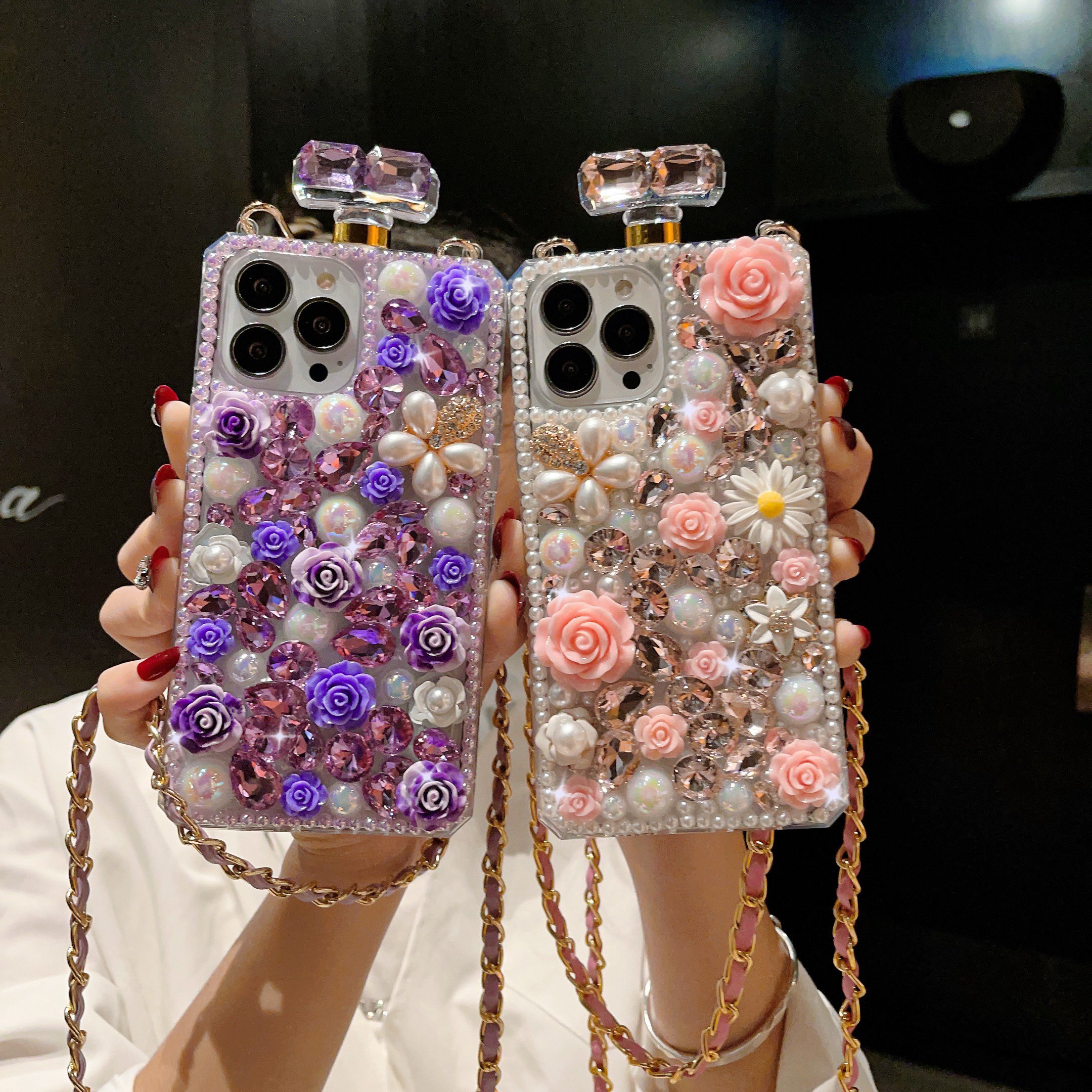 glitter bling flower fashion luxury perfume bottle design strap diamond phone cover case for iphone 16 15 14 13 12 11 xs max 678