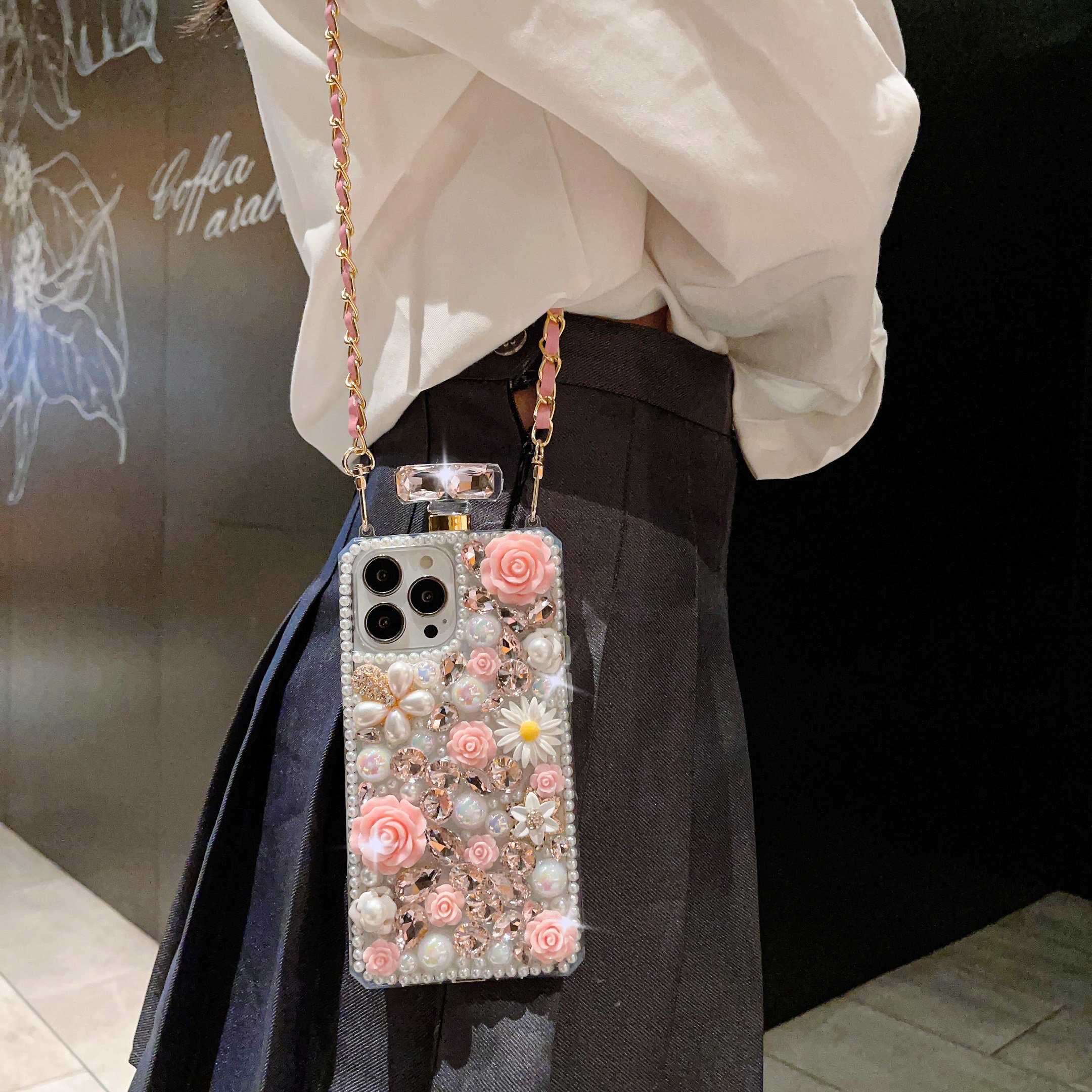 glitter bling flower fashion luxury perfume bottle design strap diamond phone cover case for iphone 16 15 14 13 12 11 xs max 678