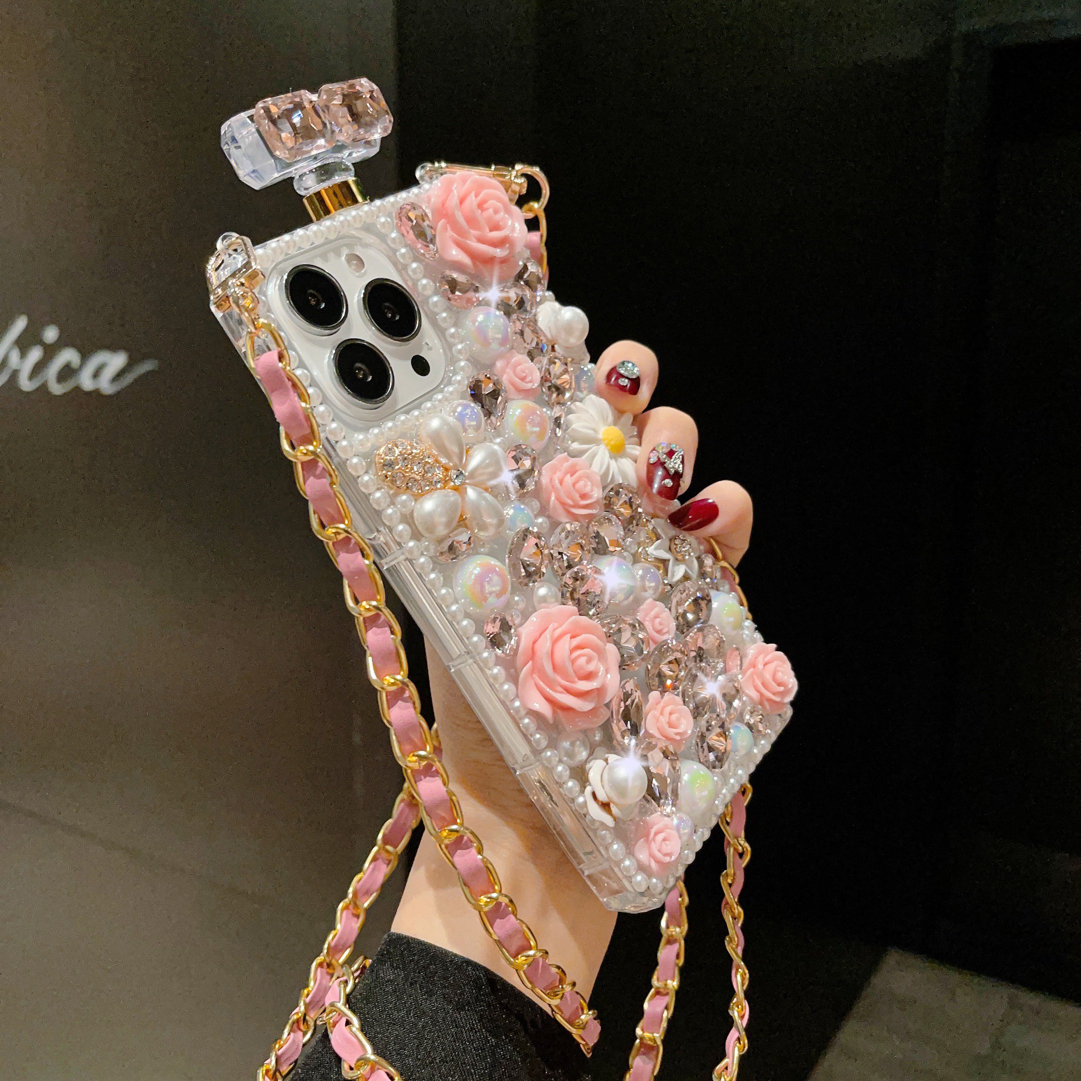 glitter bling flower fashion luxury perfume bottle design strap diamond phone cover case for iphone 16 15 14 13 12 11 xs max 678