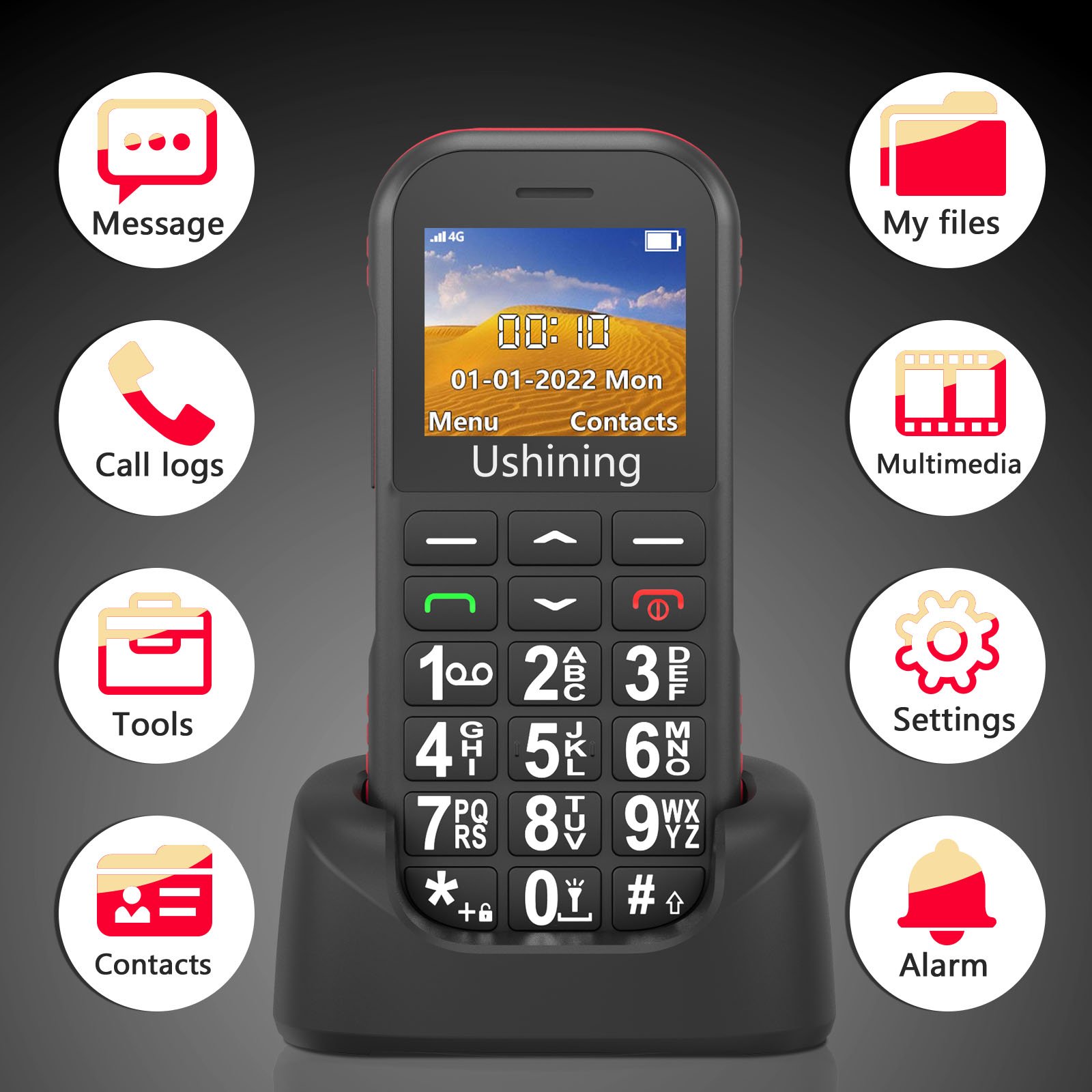 Ushining Brand Wholesale Cheap 4G Keypad Cellphone Dual SIM 1.77 LCD GSM Bar Senior Phone Mobile with SOS
