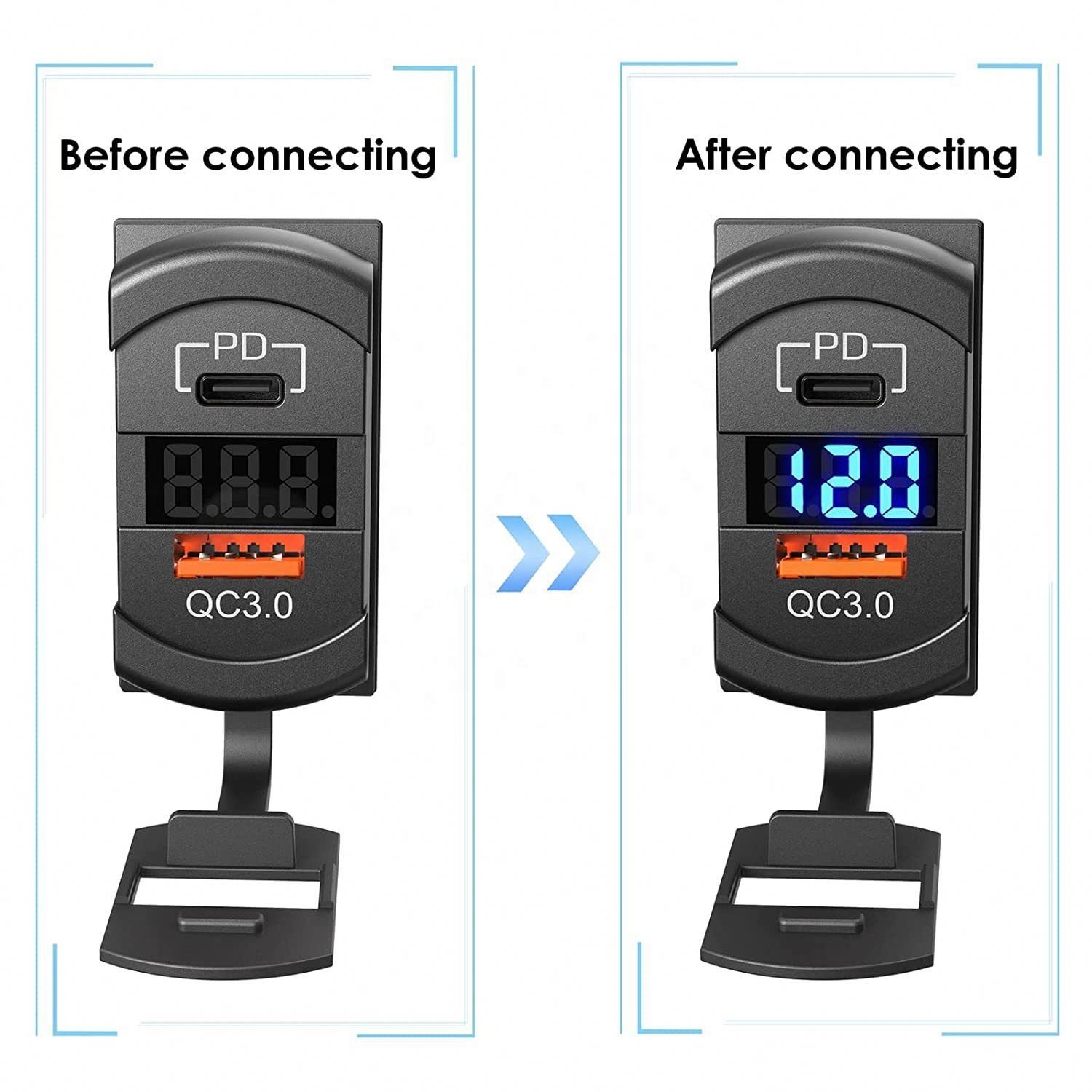 New car RV yacht modified dual USB digital display fast charge QC3.0 + PD3.0 car charger 45W