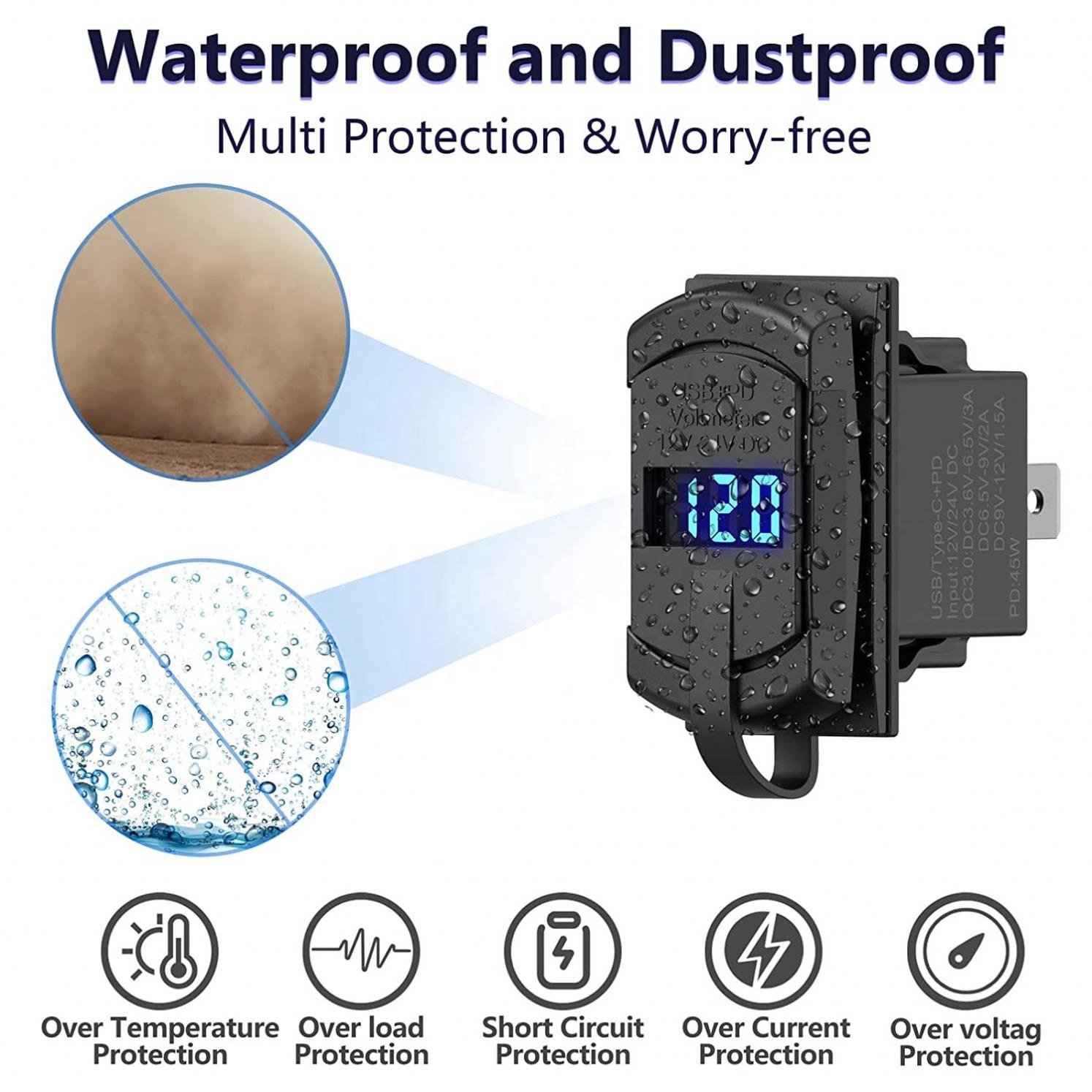 New car RV yacht modified dual USB digital display fast charge QC3.0 + PD3.0 car charger 45W